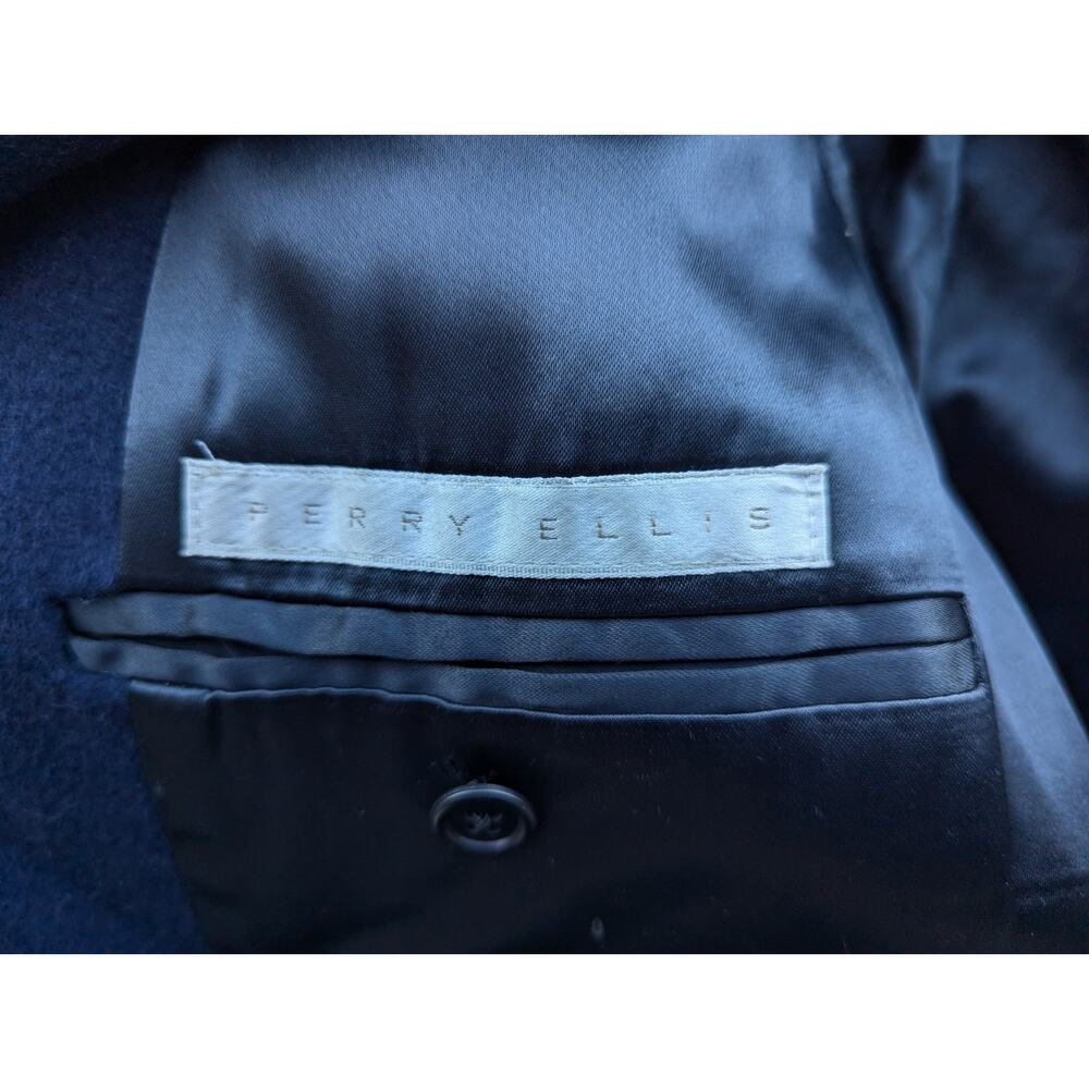 💜Perry Ellis 1980s Navy Wool Maxi Coat Faux Fur Collar - Picture 9 of 15